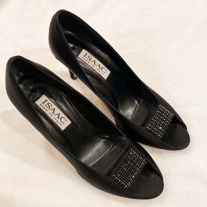 Isaac made in Italy black satin jeweled peep toe pumps
